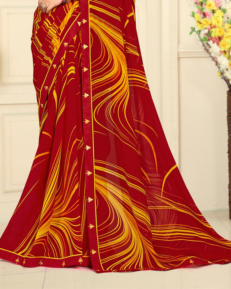 Vishal Prints Dark Red Printed Georgette Saree With Fancy Border