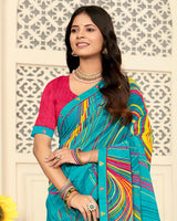Vishal Prints Pacific Blue Printed Georgette Saree With Fancy Border