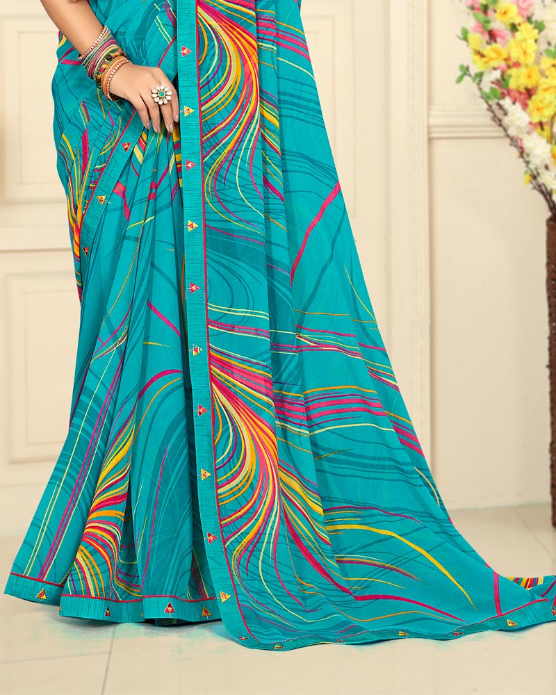 Vishal Prints Pacific Blue Printed Georgette Saree With Fancy Border