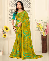 Vishal Prints Olive Yellow Printed Georgette Saree With Fancy Border