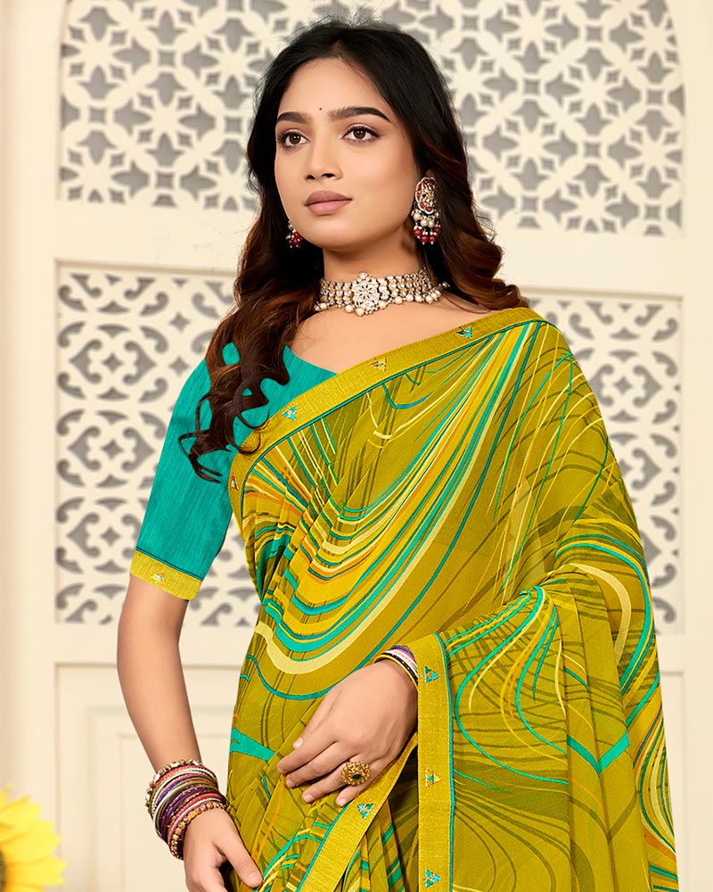 Vishal Prints Olive Yellow Printed Georgette Saree With Fancy Border