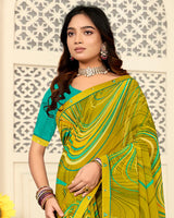 Vishal Prints Olive Yellow Printed Georgette Saree With Fancy Border