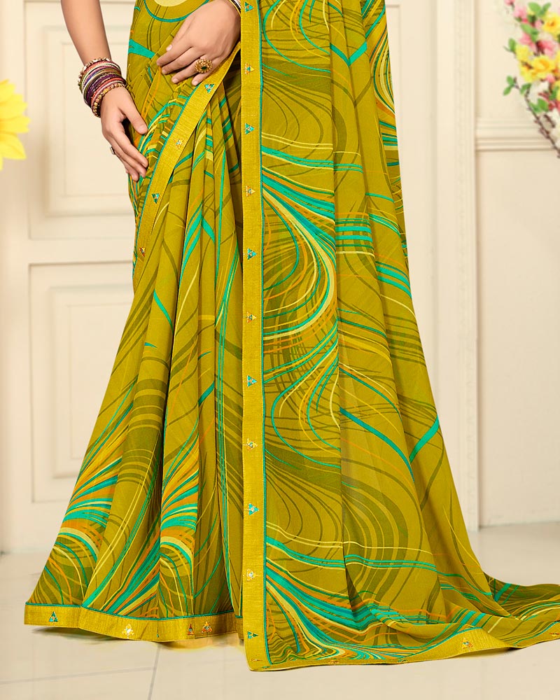 Vishal Prints Olive Yellow Printed Georgette Saree With Fancy Border