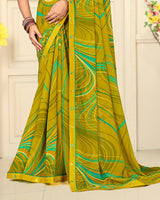 Vishal Prints Olive Yellow Printed Georgette Saree With Fancy Border