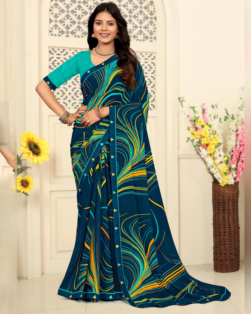 Vishal Prints Dark Navy Blue Printed Georgette Saree With Fancy Border