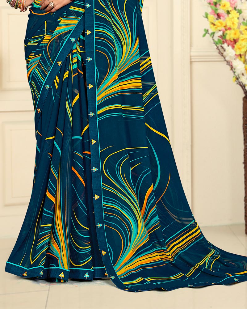 Vishal Prints Dark Navy Blue Printed Georgette Saree With Fancy Border