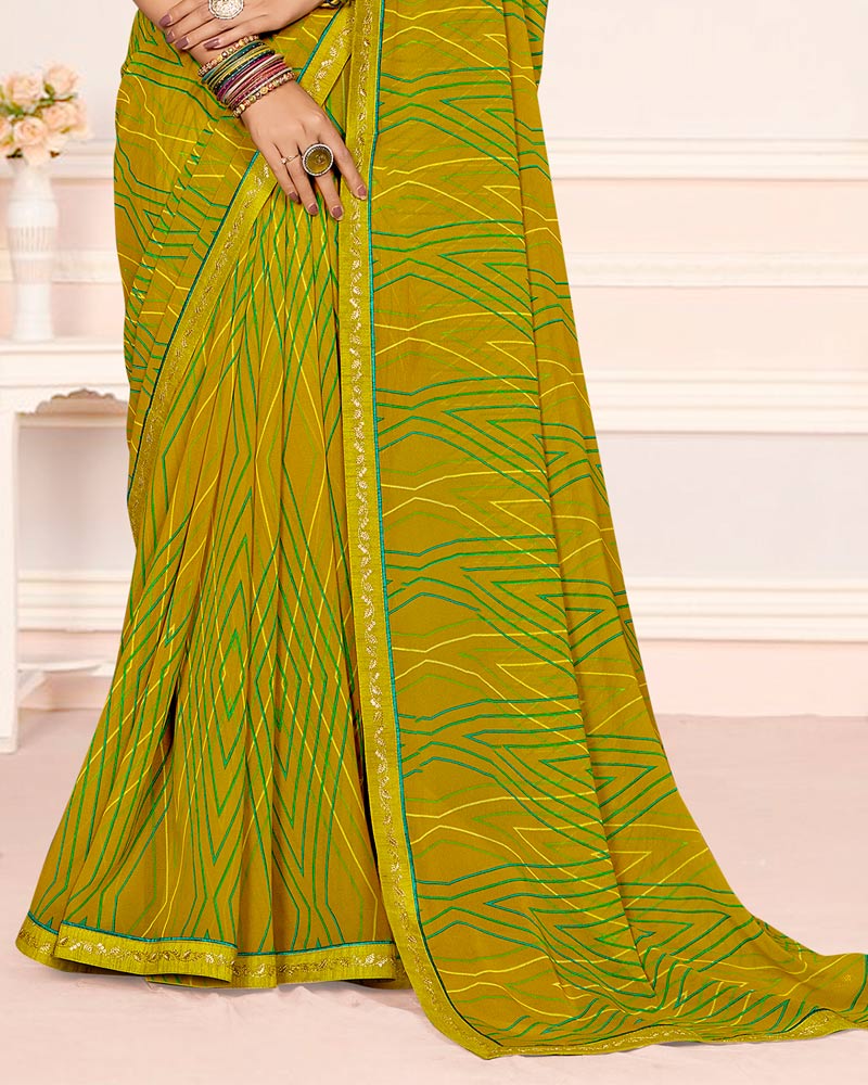 Vishal Prints Mehandi Green Printed Georgette Saree With Fancy Border