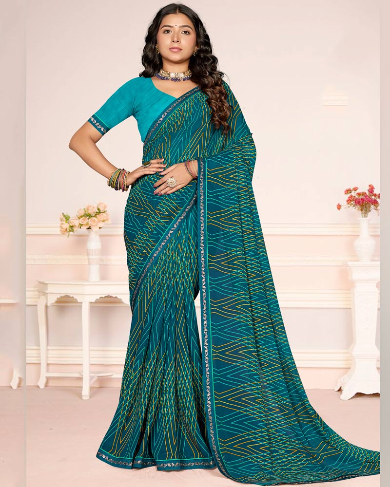Vishal Prints Teal Blue Printed Georgette Saree With Fancy Border