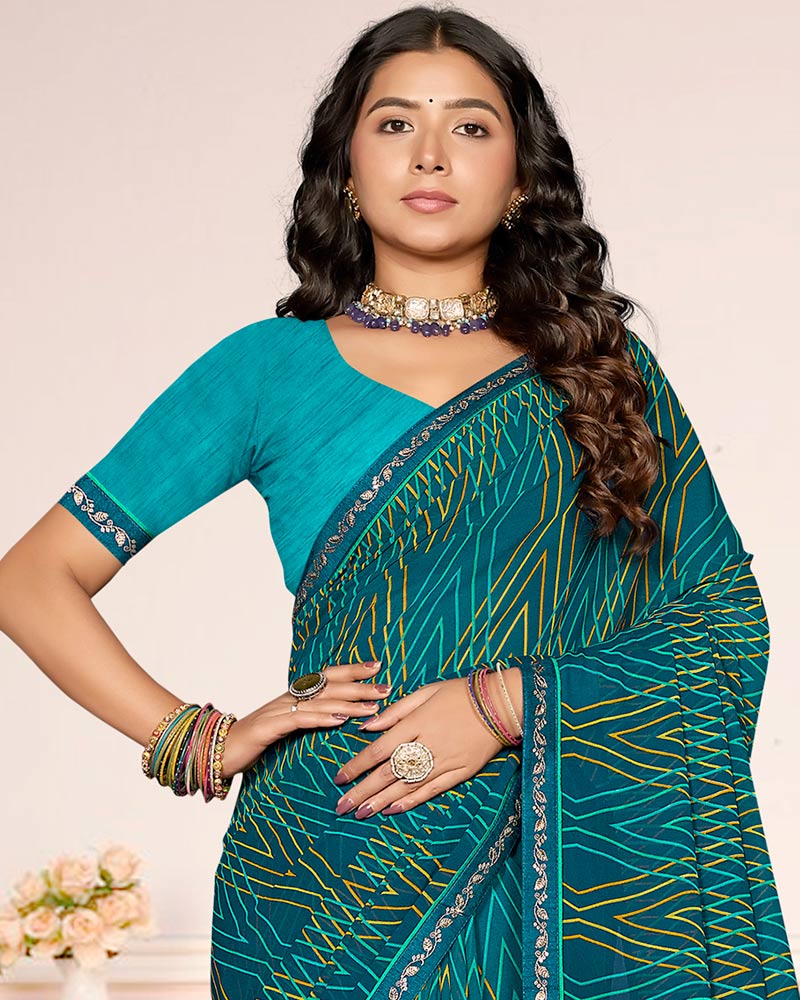 Vishal Prints Teal Blue Printed Georgette Saree With Fancy Border