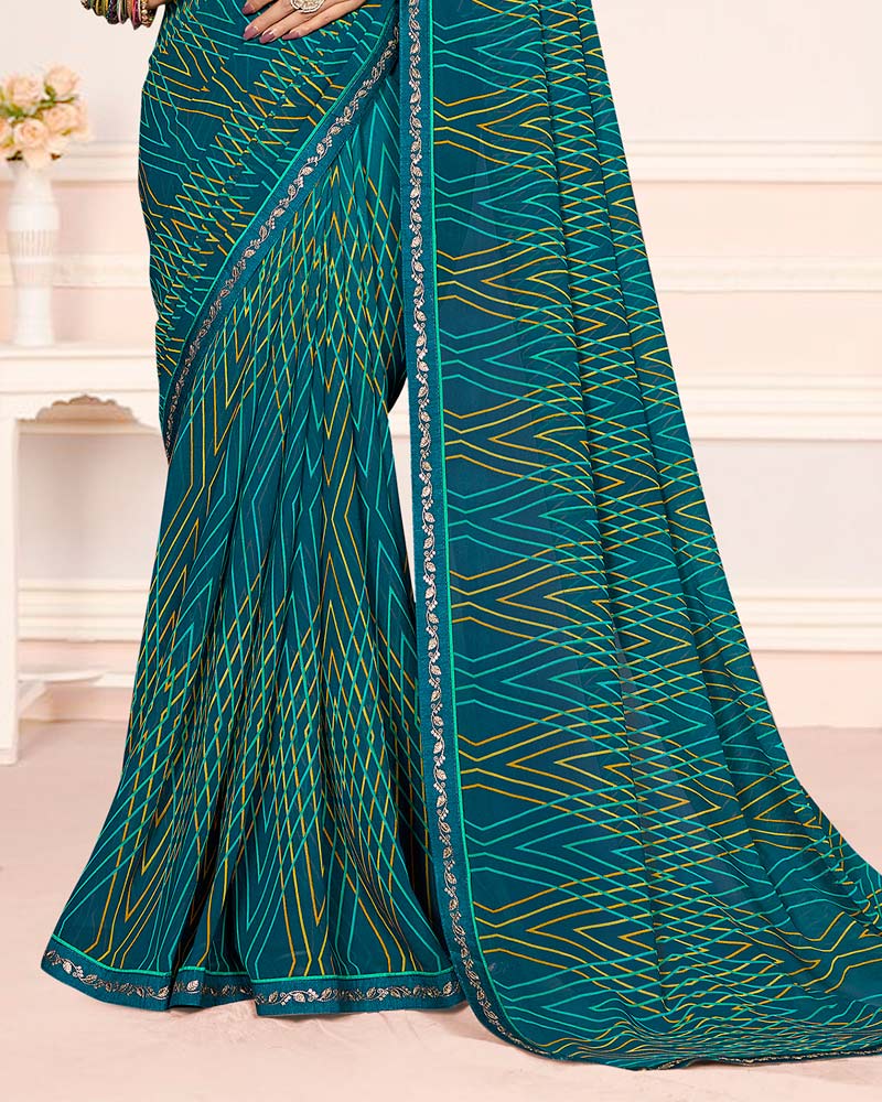 Vishal Prints Teal Blue Printed Georgette Saree With Fancy Border