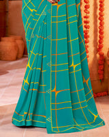 Vishal Prints Teal Blue Printed Georgette Saree With Fancy Border