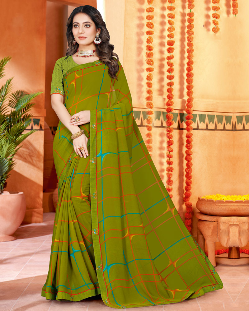 Vishal Prints Mehandi Green Printed Georgette Saree With Fancy Border