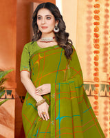 Vishal Prints Mehandi Green Printed Georgette Saree With Fancy Border