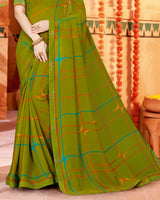 Vishal Prints Mehandi Green Printed Georgette Saree With Fancy Border