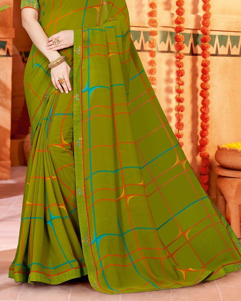 Vishal Prints Mehandi Green Printed Georgette Saree With Fancy Border