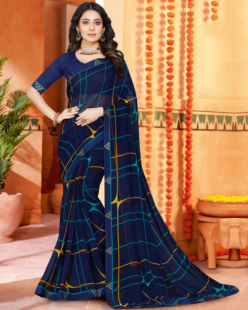 Vishal Prints Navy Blue Printed Georgette Saree With Fancy Border