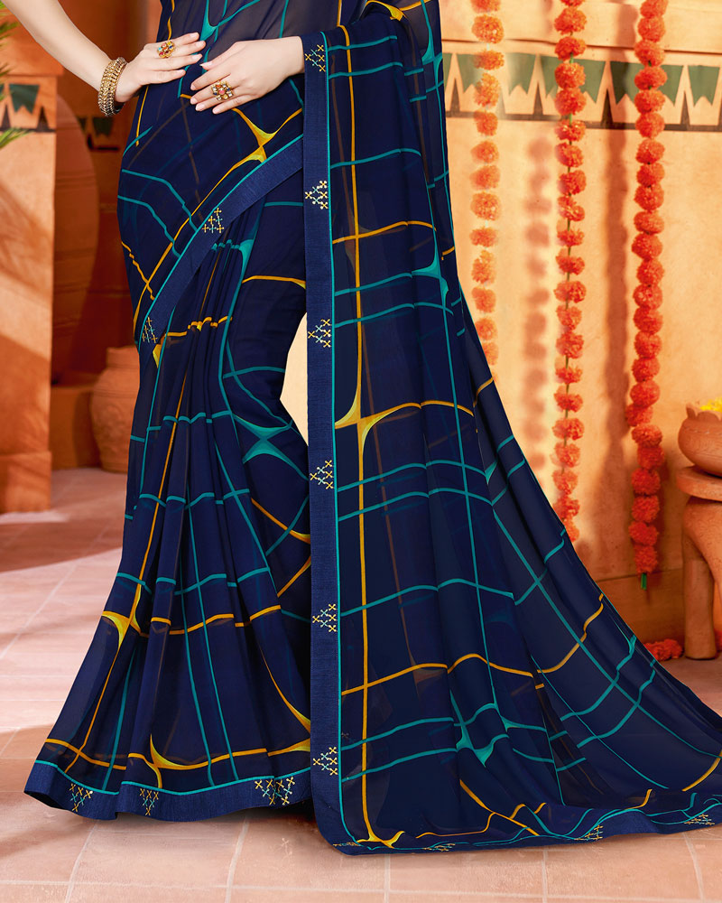 Vishal Prints Navy Blue Printed Georgette Saree With Fancy Border