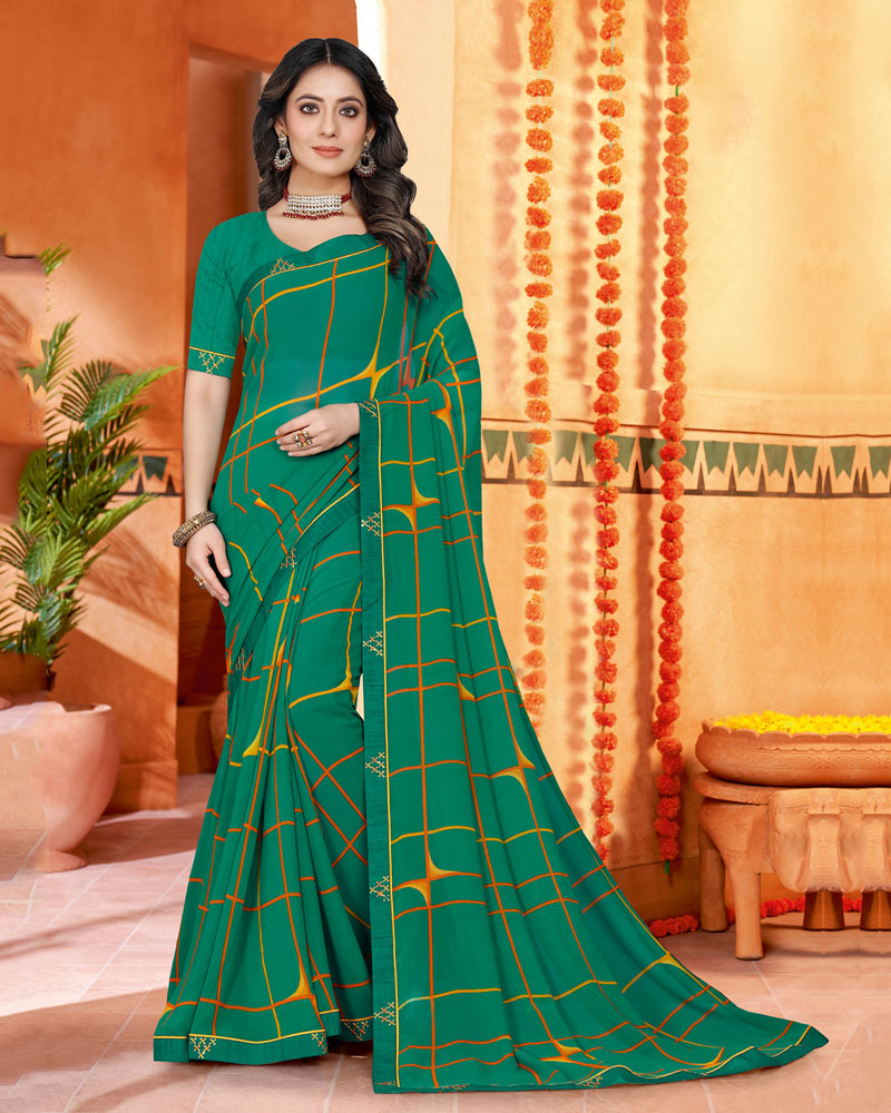 Vishal Prints Deep Sea Green Printed Georgette Saree With Fancy Border