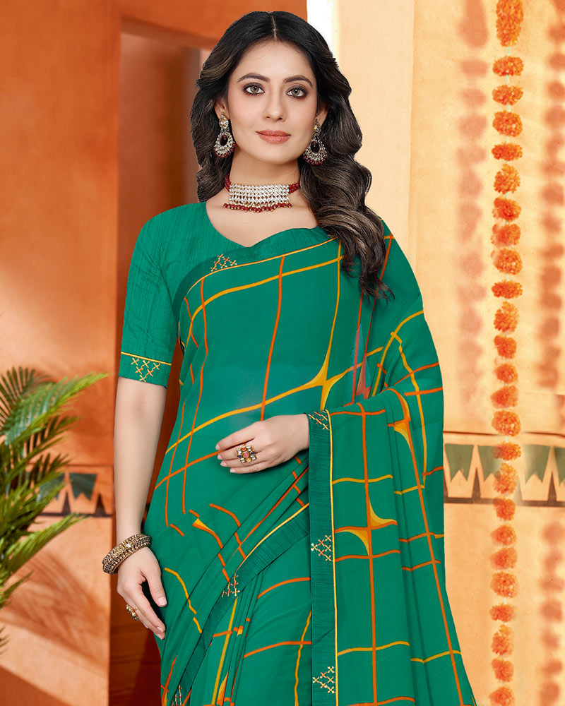 Vishal Prints Deep Sea Green Printed Georgette Saree With Fancy Border