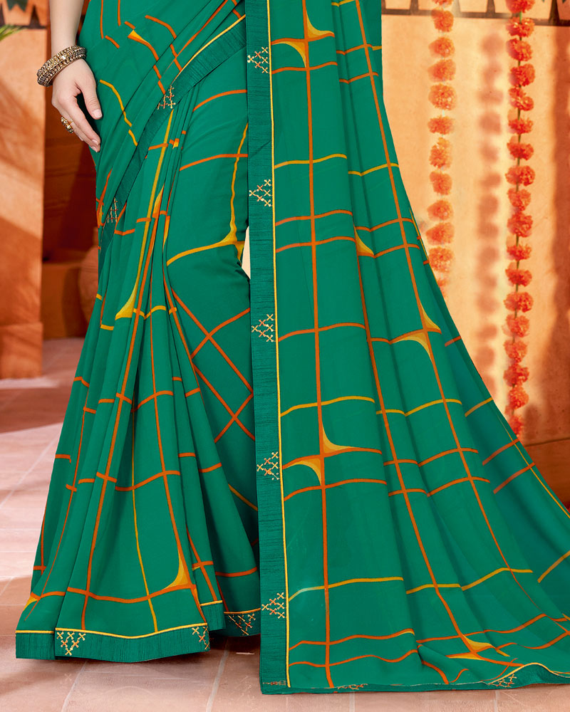 Vishal Prints Deep Sea Green Printed Georgette Saree With Fancy Border