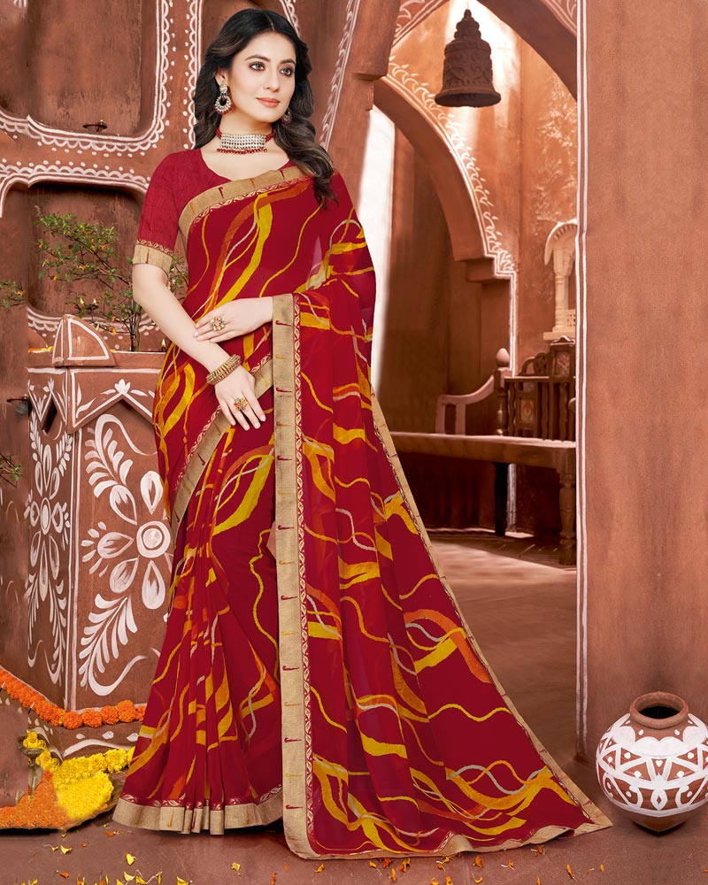Vishal Prints Dark Red Printed Georgette Saree With Fancy Border