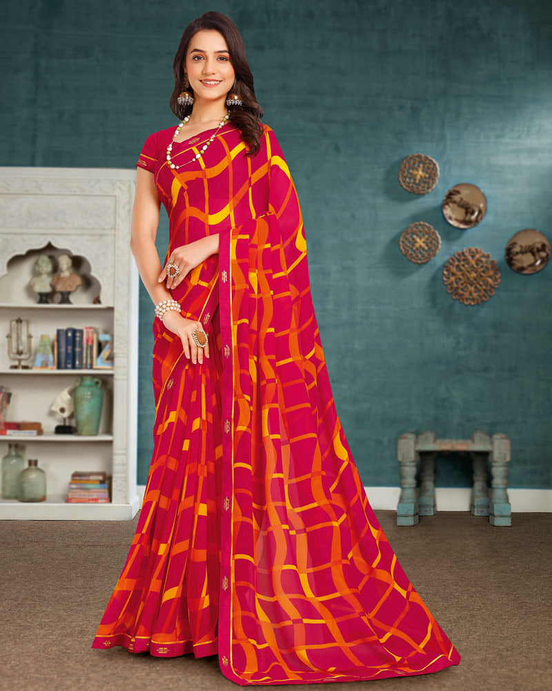 Vishal Prints Raspberry Pink Printed Georgette Saree With Fancy Border