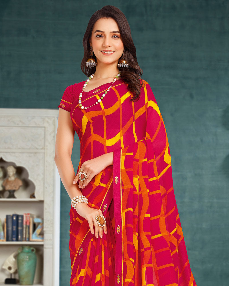 Vishal Prints Raspberry Pink Printed Georgette Saree With Fancy Border