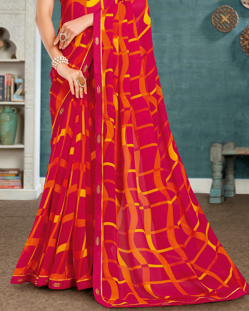 Vishal Prints Raspberry Pink Printed Georgette Saree With Fancy Border