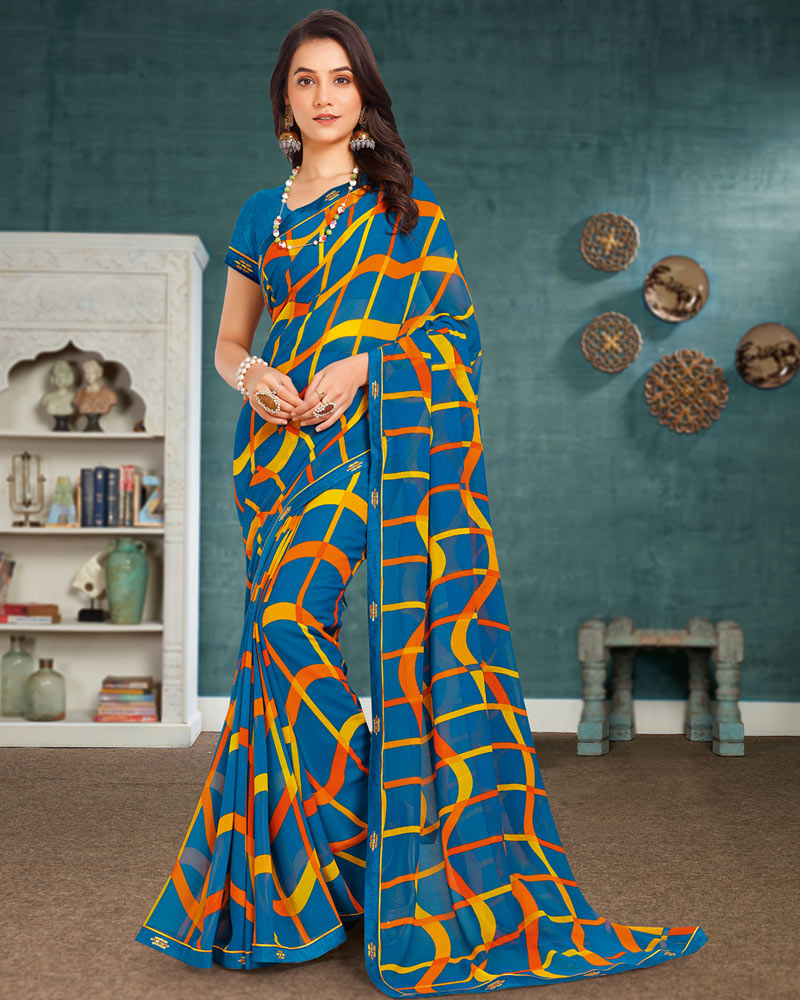 Vishal Prints Persian Blue Printed Georgette Saree With Fancy Border