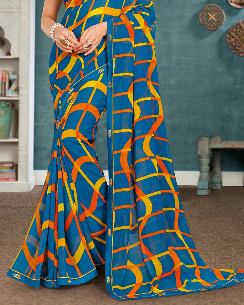 Vishal Prints Persian Blue Printed Georgette Saree With Fancy Border