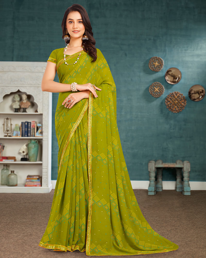 Vishal Prints Olive Green Printed Georgette Saree With Fancy Border