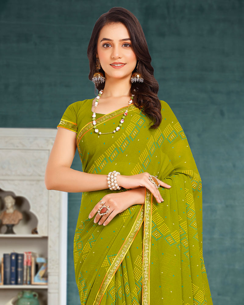 Vishal Prints Olive Green Printed Georgette Saree With Fancy Border
