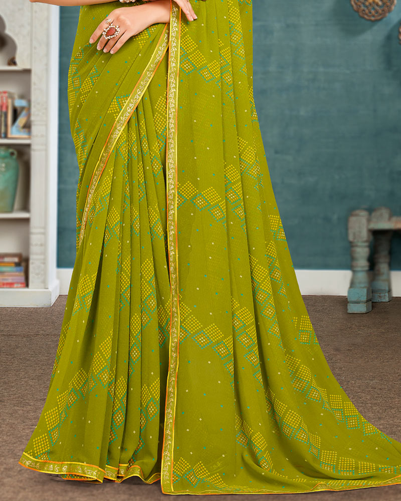 Vishal Prints Olive Green Printed Georgette Saree With Fancy Border