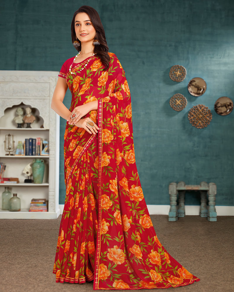 Vishal Prints Scarlet Red Printed Georgette Saree With Fancy Border