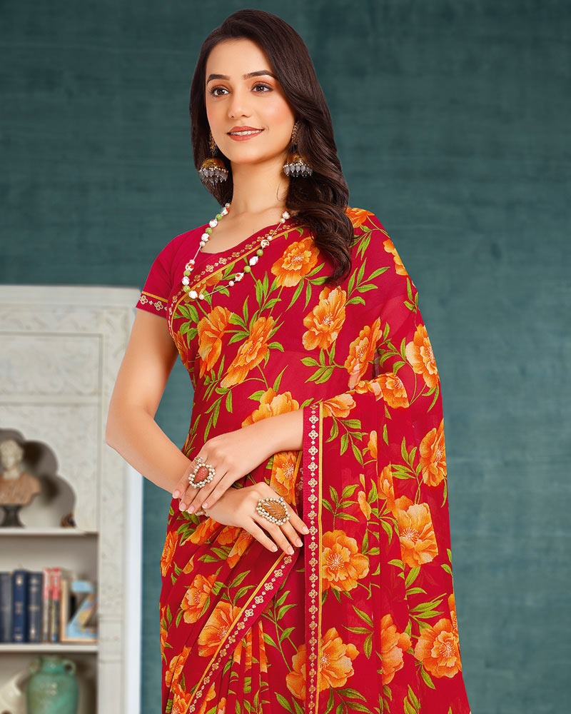 Vishal Prints Scarlet Red Printed Georgette Saree With Fancy Border