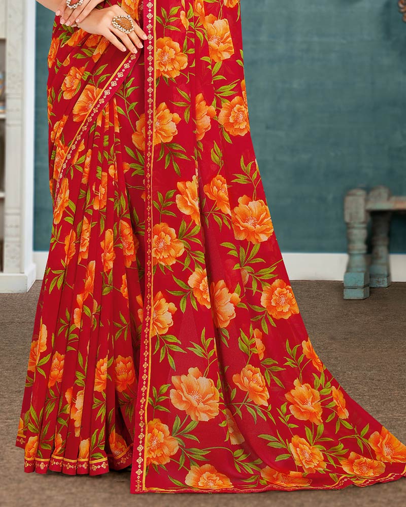 Vishal Prints Scarlet Red Printed Georgette Saree With Fancy Border