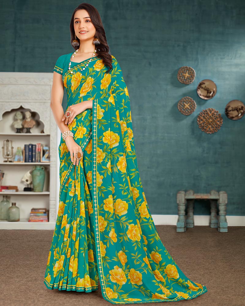 Vishal Prints Persian Green Printed Georgette Saree With Fancy Border