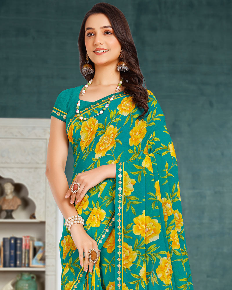 Vishal Prints Persian Green Printed Georgette Saree With Fancy Border
