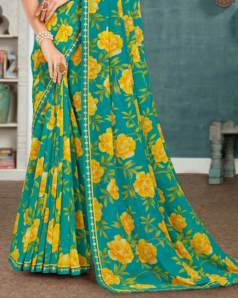 Vishal Prints Persian Green Printed Georgette Saree With Fancy Border