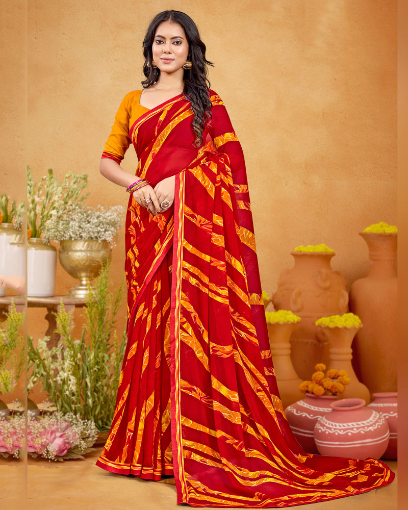 Vishal Prints Bright Red Printed Georgette Saree With Fancy Border