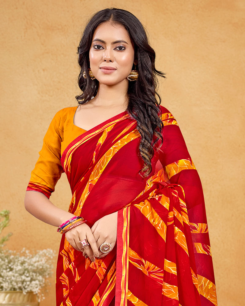 Vishal Prints Bright Red Printed Georgette Saree With Fancy Border