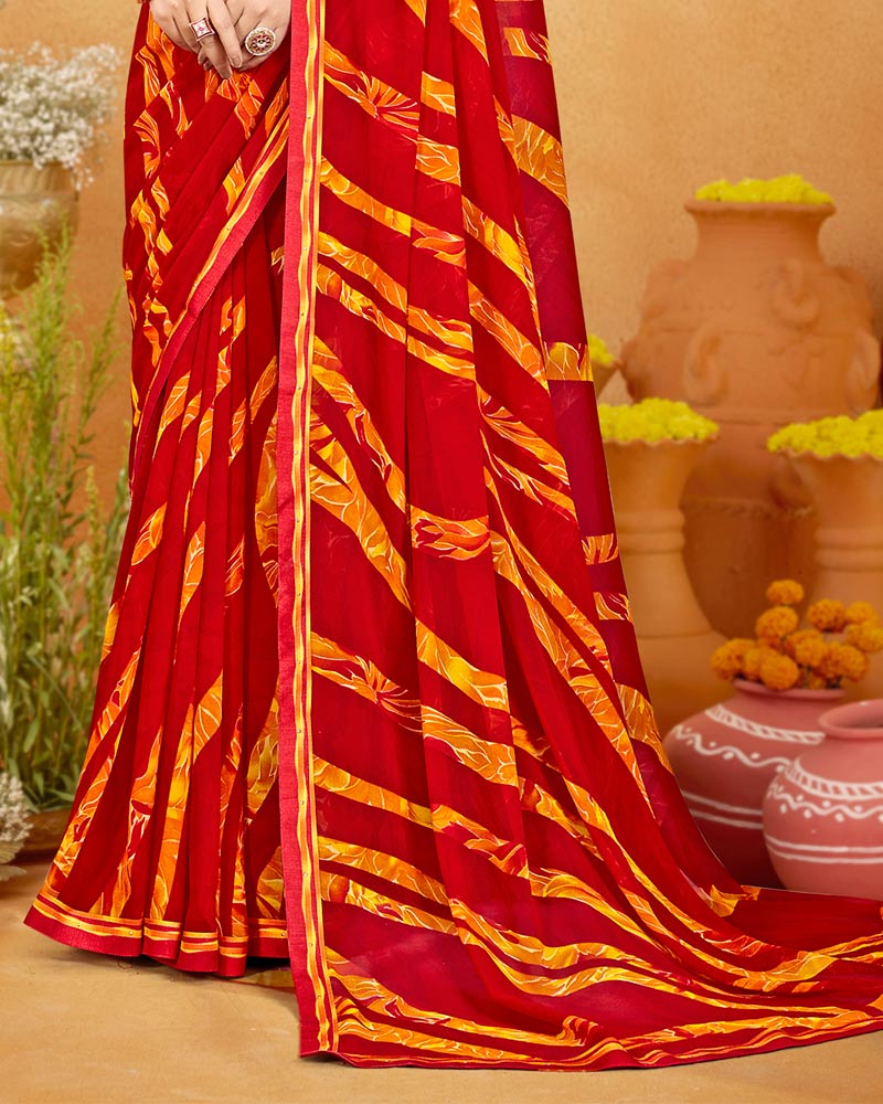 Vishal Prints Bright Red Printed Georgette Saree With Fancy Border