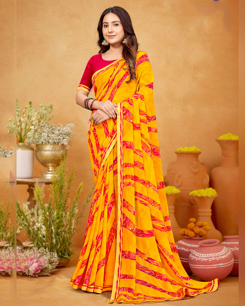 Vishal Prints Bright Yellow Printed Georgette Saree With Fancy Border