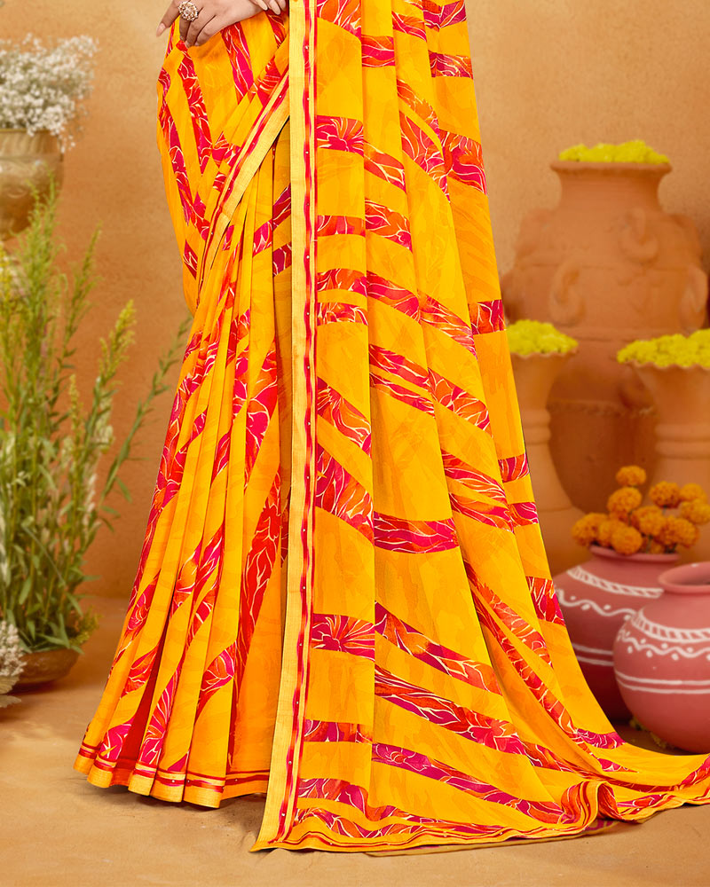 Vishal Prints Bright Yellow Printed Georgette Saree With Fancy Border