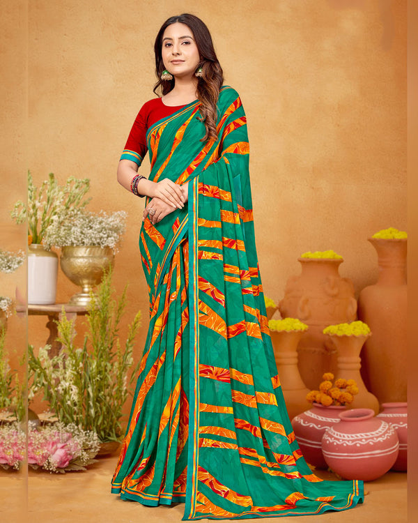 Vishal Prints Forest Green Printed Georgette Saree With Fancy Border