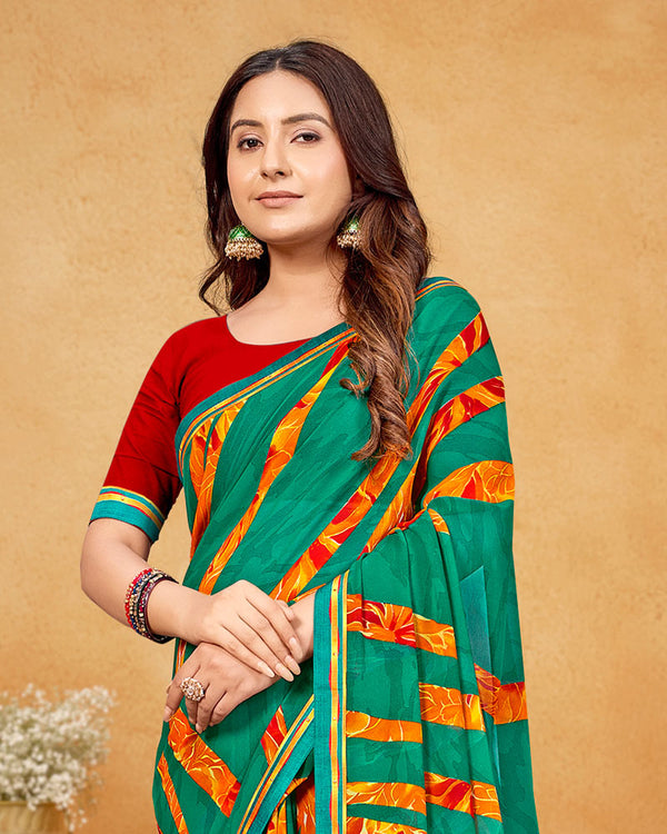 Vishal Prints Forest Green Printed Georgette Saree With Fancy Border