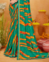 Vishal Prints Forest Green Printed Georgette Saree With Fancy Border
