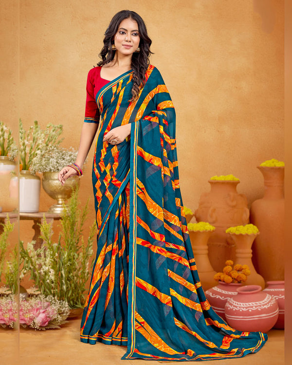 Vishal Prints Prussian Blue Printed Georgette Saree With Fancy Border