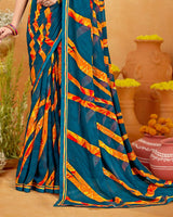 Vishal Prints Prussian Blue Printed Georgette Saree With Fancy Border
