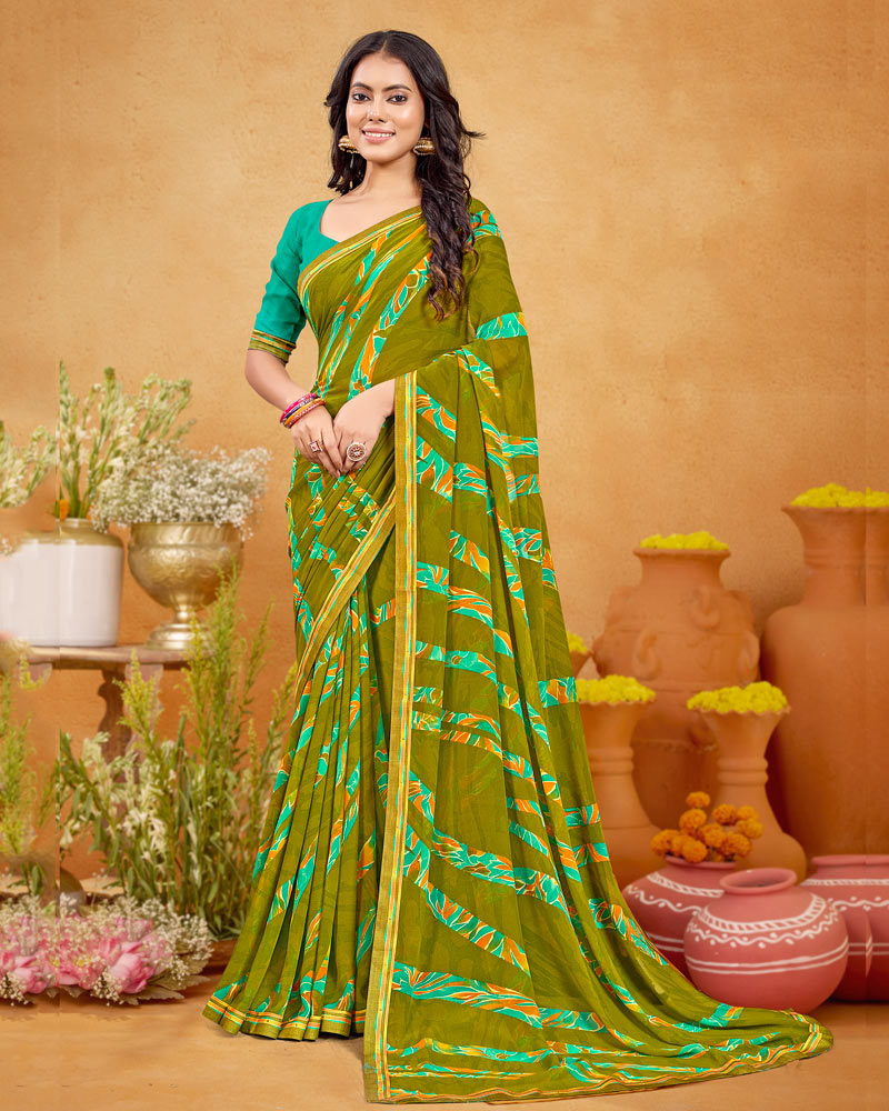 Vishal Prints Mehndi Green Printed Georgette Saree With Fancy Border
